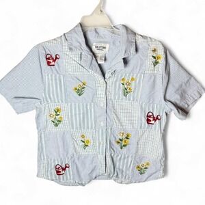 Vintage Patchwork Button Up Shirt Womens S Cottagecore Blue Embroidered Floral